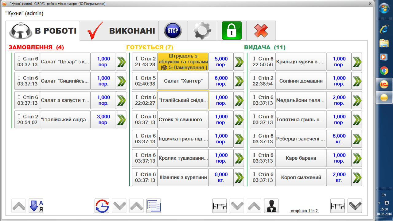Основна інформаційна панель робочого місця кухаря