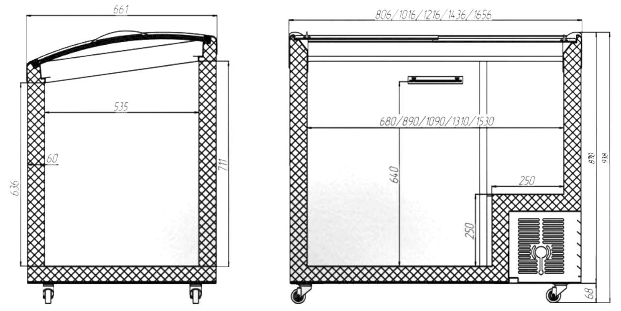 Креслення морозильна скриня з гнутим склом Юка M300S